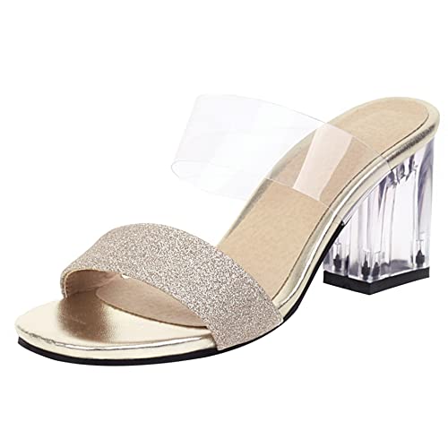 Damen Pantoletten mit Absatz, Sandalen Offene Zeh Leisure Blockabsatz Party Schuhe Ohne Verschluss Glitzer, 13386Cld Gold Gr 32 EU von Diuniarza
