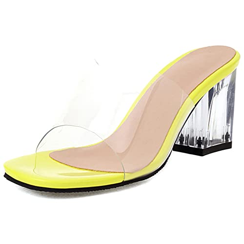 Damen Pantoletten mit Absatz, Sandalen Offene Zeh Leisure Blockabsatz Party Schuhe Ohne Verschluss Transparent, 13250Ers Gelb Gr 32 EU von Diuniarza