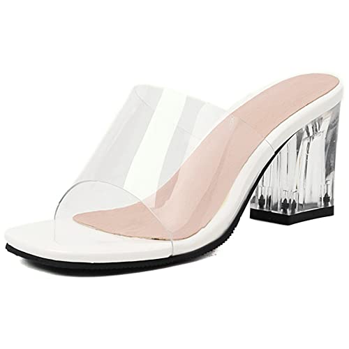 Damen Pantoletten mit Absatz, Sandalen Offene Zeh Leisure Blockabsatz Party Schuhe Ohne Verschluss Transparent, 13267Vou Weiß Gr 32 EU von Diuniarza