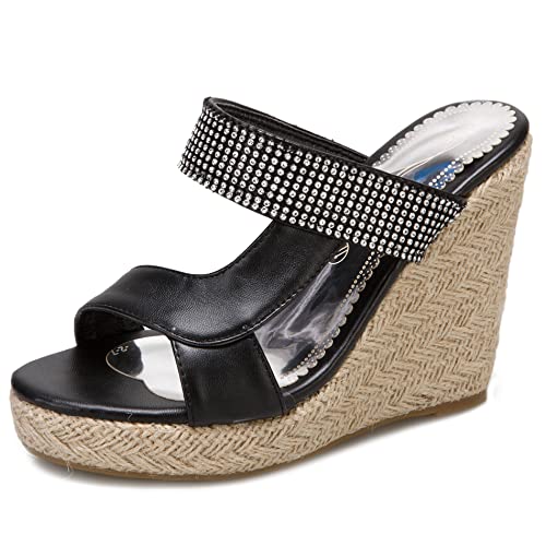 Diuniarza Damen Pantoletten mit Absatz, Sandalen Offene Zeh Leisure Keilabsatz Party Espadrille mit Plateau Ohne Verschluss Studded, 13175Rjb Schwarz Gr 44 EU von Diuniarza