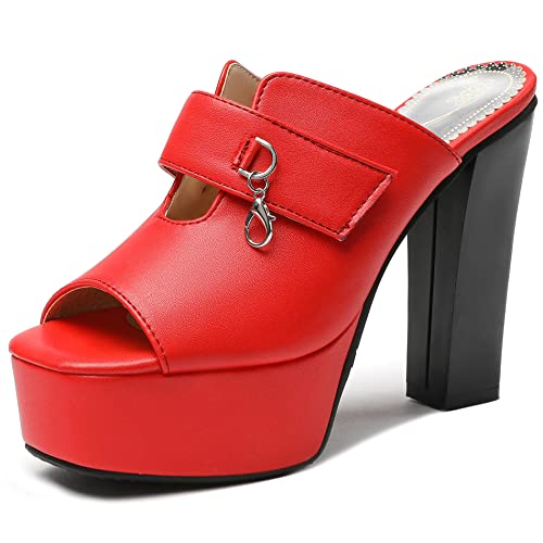 Damen Pantoletten mit Absatz, Sandalen Peep Toe Elegant Chunky Party Schuhe mit Plateau Ohne Verschluss, 12910Hwt Rot Gr 48 EU von Diuniarza