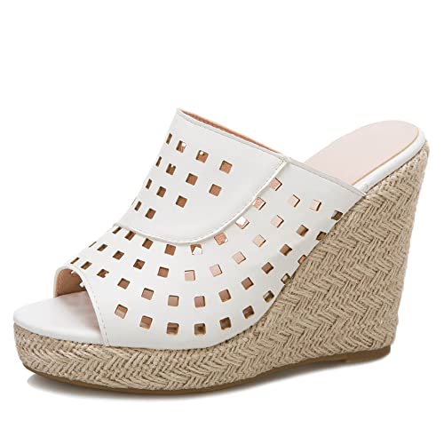 Damen Pantoletten mit Absatz, Sandalen Peep Toe Leisure Keilabsatz Party Espadrille mit Plateau Ohne Verschluss Studded, 13031Qyn Weiß Gr 36 EU von Diuniarza