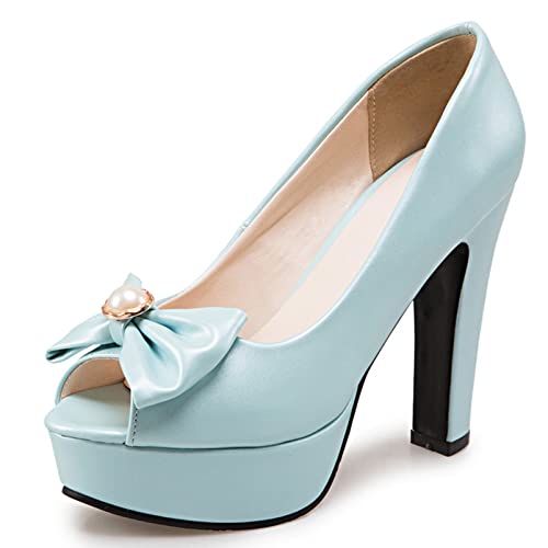 Damen Pump mit Blockabsatz Peep Toe Modische Pump Ohne Verschluss Party-Schuhe mit Hohem Absatz mit Plateau Bogen, 10320Cgh Blau Gr 48 EU von Diuniarza