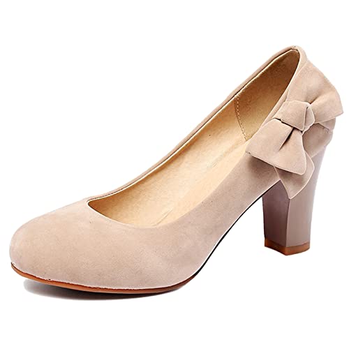 Damen Pump mit Blockabsatz Runde Zehen Modische Pump Ohne Verschluss Kleiderschuhe mit Hohem Absatz Bogen, 13639Qib Beige Gr 44 EU von Diuniarza