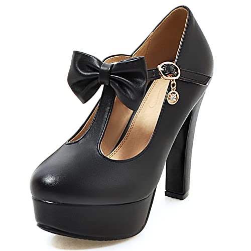 Damen Pump mit Blockabsatz Runde Zehen Modische Pump Schnalle Party-Schuhe mit Hohem Absatz mit Plateau T-Spange Bogen, 10057Pwh Schwarz Gr 33 EU von Diuniarza