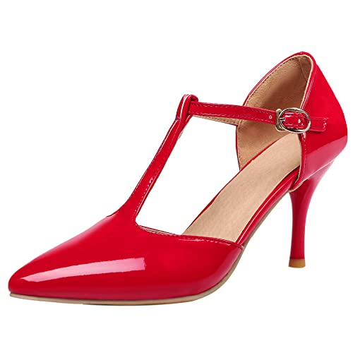 Damen Sandale mit Absatz, Sandalen Pointed Toe Mode Stiletto Abendschuhe Schnalle T-Spange, 8971Kgl Rot Gr 33 EU von Diuniarza