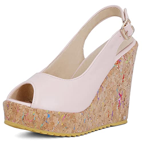 Damen Slingback-Schuhe mit Keilabsatz Peep Toe Elegante Pump Schnalle Sommer-Sandalen mit Hohem Absatz mit Plateau, 4309Qlp Pink Gr 37 EU von Diuniarza