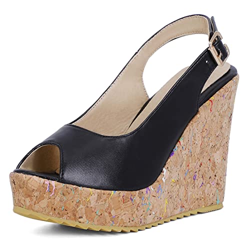 Damen Slingback-Schuhe mit Keilabsatz Peep Toe Elegante Pump Schnalle Sommer-Sandalen mit Hohem Absatz mit Plateau, 4319Tkd Schwarz Gr 37 EU von Diuniarza