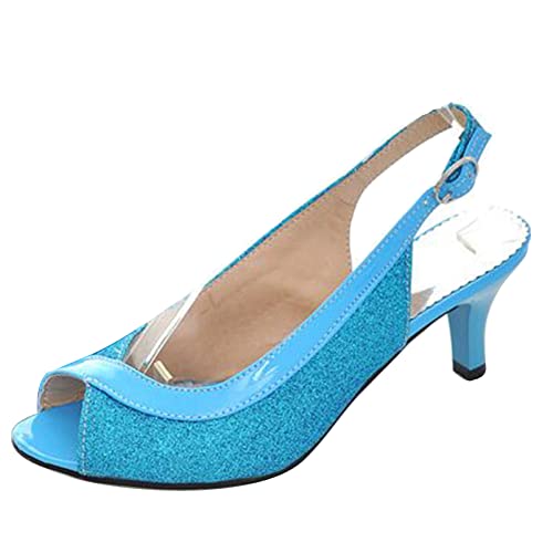 Damen Slingback-Schuhe mit Kitten Heel Peep Toe Lässige Pump Schnalle Sommer-Sandalen mit Mittlerem Absatz Pailletten Sommer Sandale, 7862Uko Blau Gr 34 EU von Diuniarza