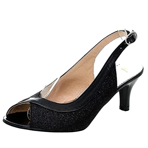 Damen Slingback-Schuhe mit Kitten Heel Peep Toe Lässige Pump Schnalle Sommer-Sandalen mit Mittlerem Absatz Pailletten Sommer Sandale, 7880Btj Schwarz Gr 34 EU von Diuniarza