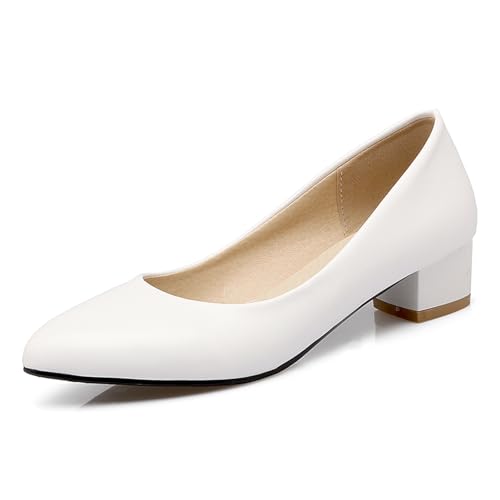 Diuniarza Basic Blockabsatz Damen Ohne Verschluss Pump Pointed Toe Klassische Pumps Low Chunky Schuhe Weiß Gr 39 EU/40 von Diuniarza