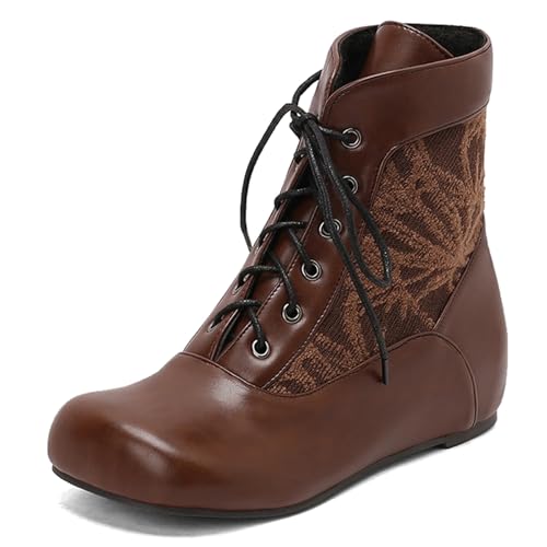 Diuniarza Bestickt Stiefeletten Damen Schnüren Stiefeletten Weit Fit Keilabsatz Stiefel Stiefeletten Retro Arbeit Reitstiefel Party Braun Gr 42 EU/44 von Diuniarza