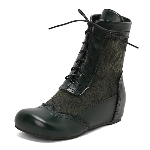 Diuniarza Bestickt Stiefeletten Damen Schnüren Stiefeletten Weit Fit Keilabsatz Stiefel Stiefeletten Retro Arbeit Reitstiefel Party Grün Gr 42 EU/44 von Diuniarza