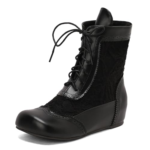 Diuniarza Bestickt Stiefeletten Damen Schnüren Stiefeletten Weit Fit Keilabsatz Stiefel Stiefeletten Retro Arbeit Reitstiefel Party Schwarz Gr 36 EU von Diuniarza