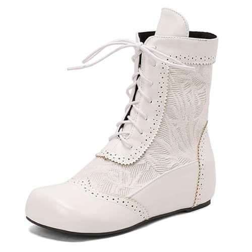 Diuniarza Bestickt Stiefeletten Damen Schnüren Stiefeletten Weit Fit Keilabsatz Stiefel Stiefeletten Retro Arbeit Reitstiefel Party Weiß Gr 39 EU/40 von Diuniarza