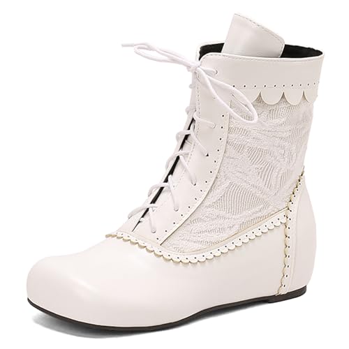 Diuniarza Bestickt Stiefeletten Damen Schnüren Stiefeletten Weit Fit Keilabsatz Stiefel Stiefeletten Retro Arbeit Reitstiefel Party Weiß Gr 48 EU/50 von Diuniarza