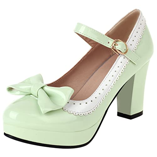 Diuniarza Blockabsatz Mary Jane Damen Strap Bride Schuhe Bogen Runde Zehen Schnalle Prom Pumps Grün Gr 41 EU/43 von Diuniarza