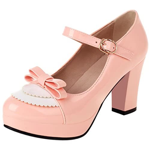 Diuniarza Blockabsatz Mary Jane Damen Strap Bride Schuhe Bogen Runde Zehen Schnalle Prom Pumps Pink Gr 36.5 EU/37 von Diuniarza