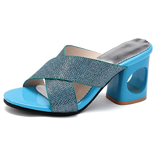 Diuniarza Blockabsatz Offene Zeh Pantoletten Für Damen Sommer Pantoffeln Stylish Ohne Verschluss Draußen Slingback Strand Mode Elegant Blau Gr 33 EU von Diuniarza