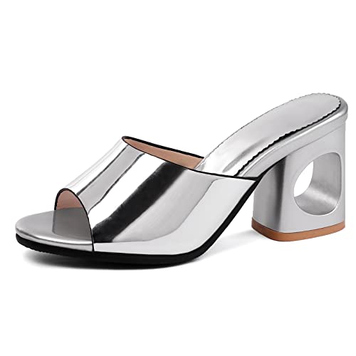 Diuniarza Blockabsatz Offene Zeh Pantoletten Für Damen Sommer Pantoffeln Stylish Ohne Verschluss Draußen Slingback Strand Mode Elegant Silber Gr 35 EU von Diuniarza