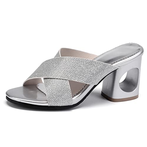 Diuniarza Blockabsatz Offene Zeh Pantoletten Für Damen Sommer Pantoffeln Stylish Ohne Verschluss Draußen Slingback Strand Mode Elegant Silber Gr 39 EU/40 Asiatisch von Diuniarza