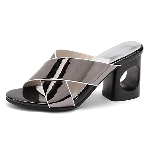 Diuniarza Blockabsatz Offene Zeh Pantoletten Für Damen Sommer Pantoffeln Stylish Ohne Verschluss Draußen Slingback Strand Mode Elegant Silber-Grau Gr 33 EU von Diuniarza