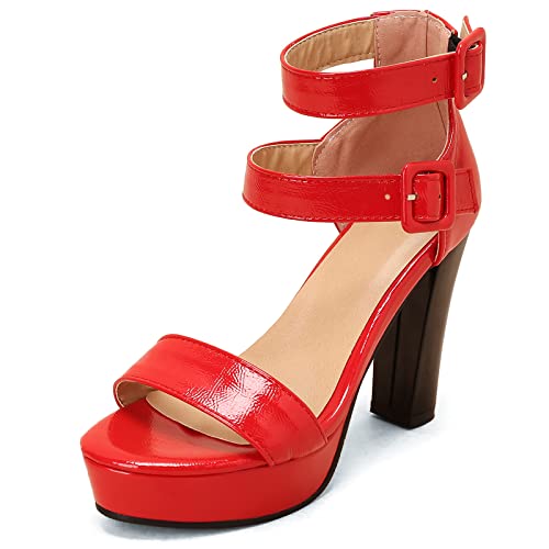 Diuniarza Blockabsatz Peep Toe Damen Sommer Sandales Plateau Knöchelriemchen Reißverschluss Spitze Elegant Stylish Abendschuhe Rot Gr 40 EU/41 Asiatisch von Diuniarza