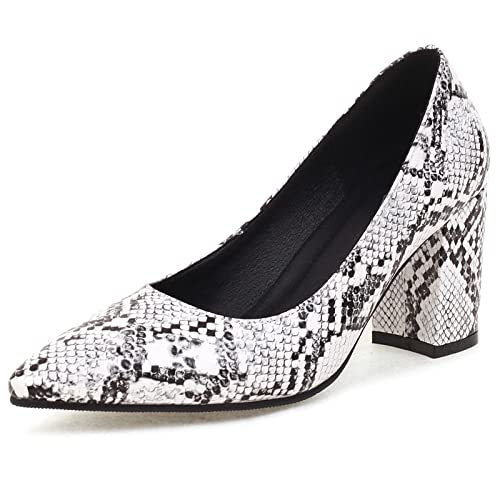 Diuniarza Blockabsatz Pump Damen Pointed Toe Print Ohne Verschluss Pumps Formal Schuhe Weiß Gr 36 EU von Diuniarza