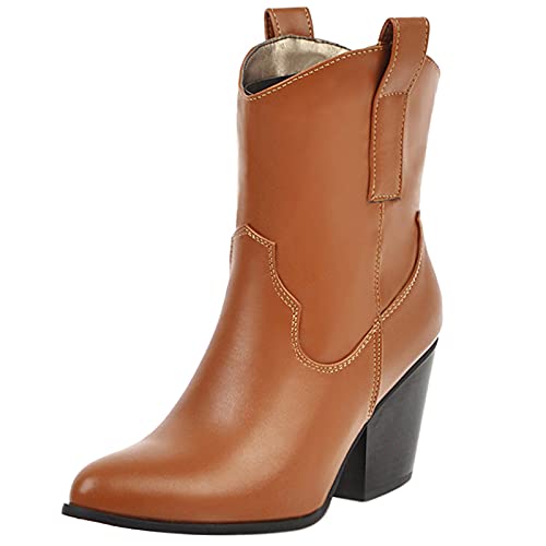 Diuniarza Blockabsatz Stiefeletten Damen Westernstiefel Mode Anzugstiefel Ohne Verschluss Warm Braun Gr 41 EU/43 von Diuniarza