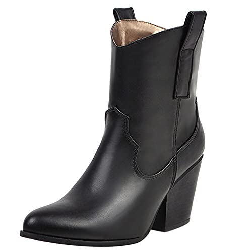 Diuniarza Blockabsatz Stiefeletten Damen Westernstiefel Mode Anzugstiefel Ohne Verschluss Warm Schwarz Gr 36 EU von Diuniarza
