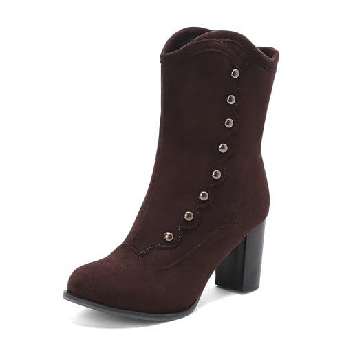 Diuniarza Blockabsatz Wildleder Kurzschaft Stiefel Damen Cowboystiefel Runde Zehen Buro Mittelhohe Stiefel Ankle Stiefeletten Braun Gr 42 EU/44 von Diuniarza