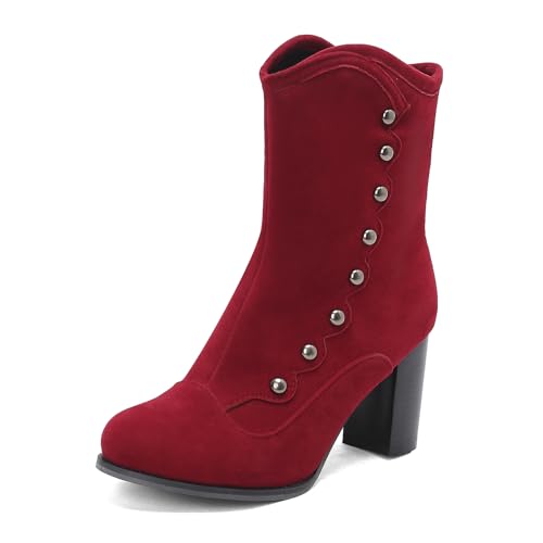 Diuniarza Blockabsatz Wildleder Kurzschaft Stiefel Damen Cowboystiefel Runde Zehen Buro Mittelhohe Stiefel Ankle Stiefeletten Rotwein Gr 46 EU/48 von Diuniarza