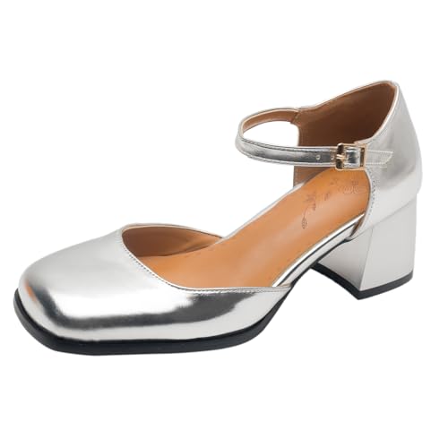 Diuniarza Chunky Block Sandalen Pump Damensandalen Elegant Geschlossen Knöchelriemchen Mary Jane Prom Schuhe Silber Gr 32 EU von Diuniarza