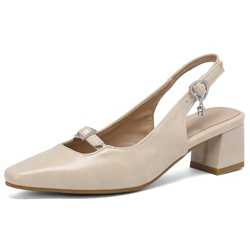 Diuniarza Chunky Heel Square Toe Ohne Verschluss Mode Damen Pumps Loafer Mitte Blockabsatz Concise Retro Arbeit Schuhe Beige Gr 42 EU/44 Asiatisch von Diuniarza