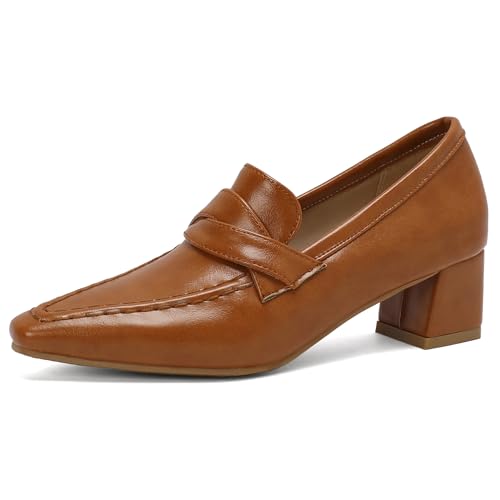 Diuniarza Chunky Heel Square Toe Ohne Verschluss Mode Damen Pumps Loafer Mitte Blockabsatz Concise Retro Arbeit Schuhe Braun Gr 40.5 EU/42 Asiatisch von Diuniarza