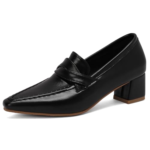 Diuniarza Chunky Heel Square Toe Ohne Verschluss Mode Damen Pumps Loafer Mitte Blockabsatz Concise Retro Arbeit Schuhe Schwarz Gr 46 EU/48 Asiatisch von Diuniarza