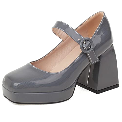 Diuniarza Chunky High Schuhe Damen Plateau Pump Square Toe Schnalle Strap Elegant Prom Schuhe Grau Gr 37 EU/38 von Diuniarza