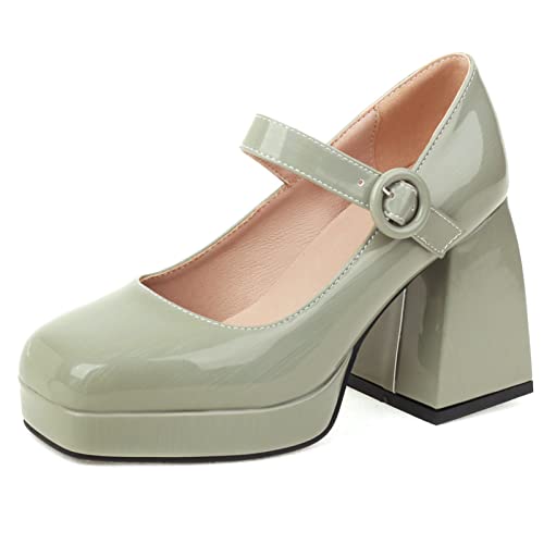 Diuniarza Chunky High Schuhe Damen Plateau Pump Square Toe Schnalle Strap Elegant Prom Schuhe Grün Gr 36.5 EU/37 von Diuniarza