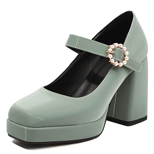 Diuniarza Chunky High Schuhe Damen Plateau Pump Square Toe Schnalle Strap Elegant Prom Schuhe Grün Gr 45 EU/47 von Diuniarza