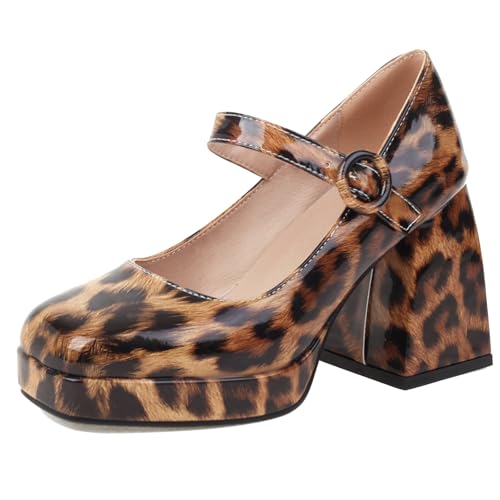 Diuniarza Chunky High Schuhe Damen Plateau Pump Square Toe Schnalle Strap Elegant Prom Schuhe Leopard Gr 36 EU von Diuniarza