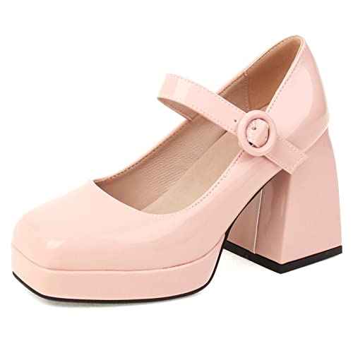 Diuniarza Chunky High Schuhe Damen Plateau Pump Square Toe Schnalle Strap Elegant Prom Schuhe Pink Gr 38 EU/39 von Diuniarza