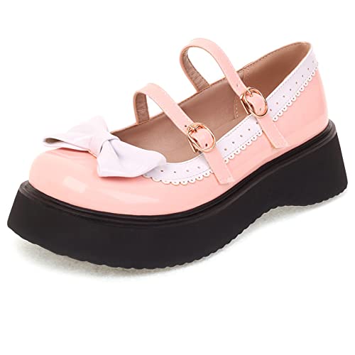 Diuniarza Chunky Sole Mary Jane Runde Zehen Pump Weit Fit Schnalle Plaform Pumps Party Pink Gr 40.5 EU/42 von Diuniarza