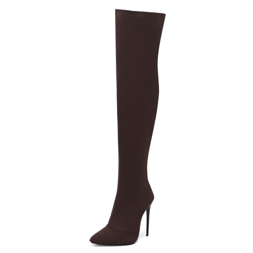 Diuniarza Colorful Damen Knee High Stretch Stiefel Stiletto Pointed Toe Side Reißverschluss Abend Concise Anzugstiefel Braun Gr 45 EU/47 Asiatisch von Diuniarza