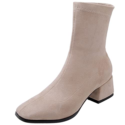 Diuniarza Concise Ankle Stiefeletten Damen Stretch Basic Stiefeletten Basic Mode Kleid Stiefeletten Low Block Stiefel Arbeit Aprikose Gr 38 EU/39 von Diuniarza