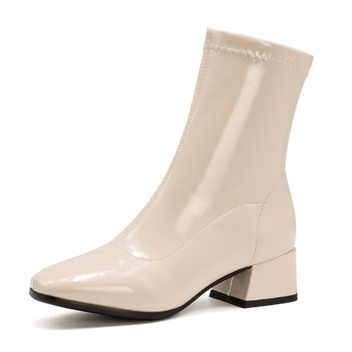Diuniarza Concise Ankle Stiefeletten Damen Stretch Basic Stiefeletten Basic Mode Kleid Stiefeletten Low Block Stiefel Arbeit Beige Gr 36.5 EU/37 von Diuniarza