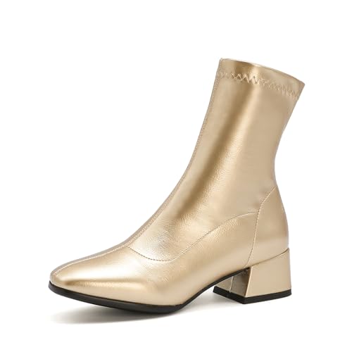 Diuniarza Concise Ankle Stiefeletten Damen Stretch Basic Stiefeletten Basic Mode Kleid Stiefeletten Low Block Stiefel Arbeit Gold Gr 40.5 EU/42 von Diuniarza