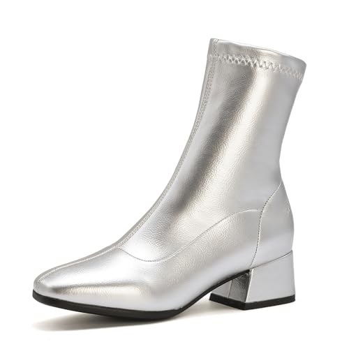 Diuniarza Concise Ankle Stiefeletten Damen Stretch Basic Stiefeletten Basic Mode Kleid Stiefeletten Low Block Stiefel Arbeit Silber Gr 41 EU/43 von Diuniarza