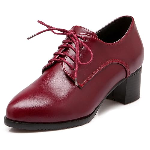 Diuniarza Damen Arbeit Schnüren Schuhe Oxford Chunky Schuhe Pointed Toe Derby Schuhe Arbeit Buro Mid Block Schuhe Concise Formal Schuhe Rot Gr 37 EU/38 Asiatisch von Diuniarza