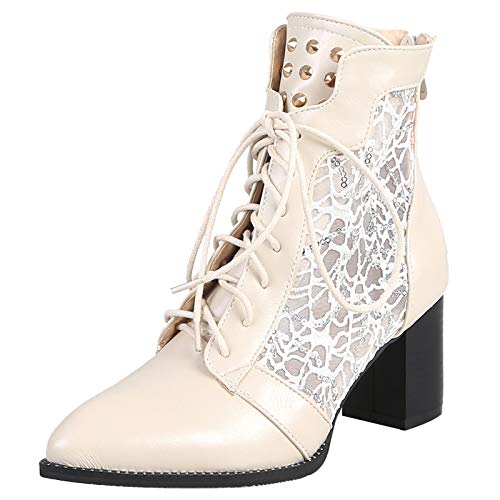 Diuniarza Damen Biker Stiefeletten Pointed Toe Block Stiefel Arbeit Buro Schnüren Lack Stiefel Mode Stiefeletten Beige Gr 35 EU von Diuniarza
