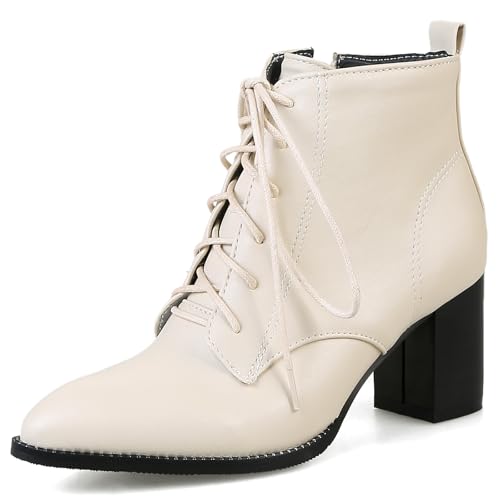 Diuniarza Damen Biker Stiefeletten Pointed Toe Block Stiefel Arbeit Buro Schnüren Lack Stiefel Mode Stiefeletten Beige Gr 41 EU/43 Asiatisch von Diuniarza